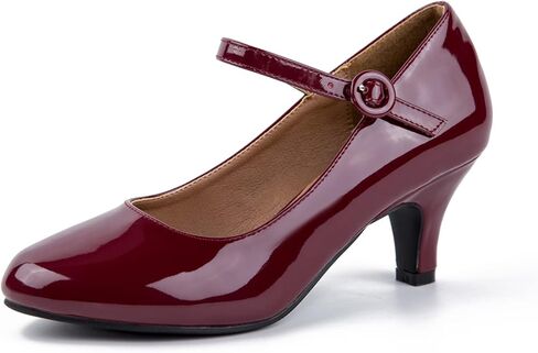 حذاء ماري جين بكعب صغير للنساء بمقدمة دائرية وكعب منخفض وحزام للكاحل لحفلات الزفاف والحفلات المسائية بلون احمر نبيذي حاصل على براءة اختراع، 8, احمر نبيذي باتنت, 39 EU in Kuwait
