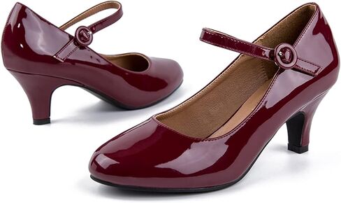 حذاء ماري جين بكعب صغير للنساء بمقدمة دائرية وكعب منخفض وحزام للكاحل لحفلات الزفاف والحفلات المسائية بلون احمر نبيذي حاصل على براءة اختراع، 8, احمر نبيذي باتنت, 39 EU in Kuwait