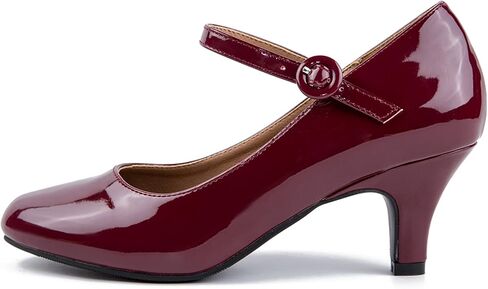 حذاء ماري جين بكعب صغير للنساء بمقدمة دائرية وكعب منخفض وحزام للكاحل لحفلات الزفاف والحفلات المسائية بلون احمر نبيذي حاصل على براءة اختراع، 8, احمر نبيذي باتنت, 39 EU in Kuwait