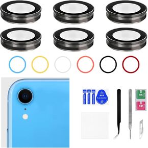 for iPhone XR 6 Sets Blue Black White Yellow Coral Red 6 Color Back Camera Lens Replacement for iPhoneXR HD Tempered Repair Rear Camera Lens Metal Frame Cover with Fix Tool Kit