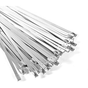 100-Pack Metal Zip Ties 11.8 inch, Heavy Duty 304 Stainless Steel Self-Locking Cable Ties for Outdoor Use, Multifunctional Cable Ties for Exhaust Wrap, Chain Link Fence Parts, Farms, Pipes