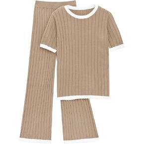 Tankaneo Womens 2 Piece Outfits Ribbed Knit Short Sleeve Tops and Wide Leg Pants Sets Casual Summer Loungewear Tracksuits