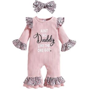 SHIBAOZI Newborn Infant Baby Girls Fall Outfits Jumpsuit Bodysuit Leopard Flare Sleeves Jumpsuit Headband 0-18 Months