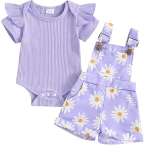 Karuedoo Newborn Baby Girl Clothes Ruffle Short Sleeve Ribbed Romper Daisy Suspender Overall Shorts Set 2Pcs Summer Outfits