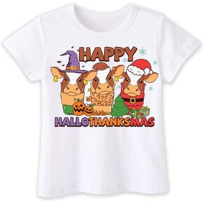 Toddler Halloween Thanksgiving Xmas Shirt, Happy Hallothanksmas Shirt for Boys Girls Kids,Christmas Tee Fun Festive Top, 2-6T