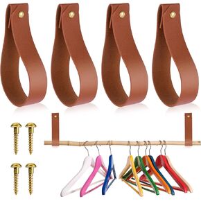 TIESOME Leather Hook Lanyard, 4Pcs Wall Hanging Straps Hanger Towel Hook Curtain Rod Holder for Bathroom Kitchen Bedroom Boho Style Decor(Black)