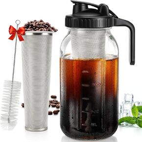 Cold Brew Coffee Maker 64 oz, 2-Quart Wide Mouth Thickened Cold Brew Maker with Ultra Dense Stainless Steel Filter - Mason Jar Pitcher with Lid and Spout for Coffee and Homemade Fruit Drinks