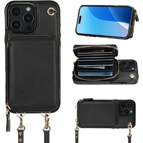 Bocasal Crossbody Wallet Case for iPhone 16 Pro Max, RFID Blocking Leather Purse Case with Card Holder, Protective Handbag Flip Cover with Zipper Wrist Strap Lanyard for Women 5G 6.9 Inch (Black)