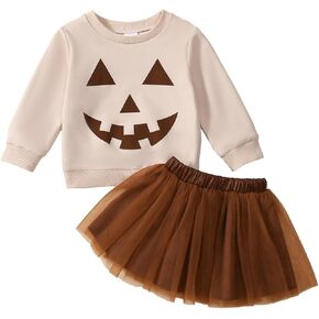 Toddler Girl Halloween 0utfits Pumpkin/Ghost Long Sleeve Hoodie Top+Gauze Tutu Skirts