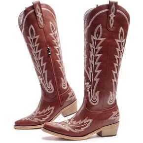 Cowboy Boots for Women, Embroidered Cowgirl Boots, Pointed Toe Knee High Boots, Women's Western Boots Pull On with Side Zipper