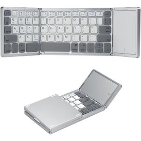 Foldable Keyboard, Tri-Folded Bluetooth Keyboard with Touchpad, Pocket-Sized Portable Keyboard for iPad/Mac/iOS/iPhone/Android/Windows System, Sync Up to 3 Devices (Grey & White)