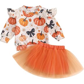Karuedoo Toddler Baby Girl Halloween Outfit Pumpkin Crewneck Long Sleeve Sweatshirt and Tulle Tutu Skirt Set 2Pcs Fall Outfit