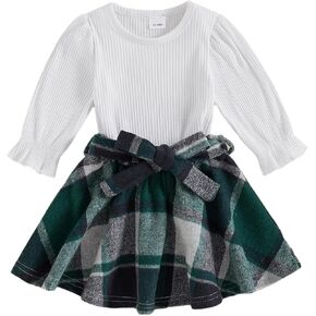 Kupretty Toddler Baby Girl Clothes Fall Winter Outfits Solid Ribbed Knit Shirt Pullovers & Plaid Mini Skirts Set