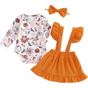 Kupretty Baby Girl Halloween Outfit Fall Clothes Ghost Pumpkin Print Knit Romper + Corduroy Suspender Skirt + Headband Set