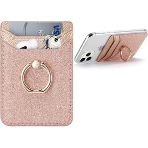 Credit Card Holder for Phone Case,Adhesive RFID Sticky wallet Attachment for Phone Case with Finger Ring Stand Stick on Most SmartPhone for iPhone&Galaxy&Google,Vegan Leather-Shinny Pink
