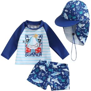 BULINGNA Toddler Baby Boys 3-Pieces Swimsuit Sets Long Sleeve Shark Rash Guard Swimwear Shorts Summer Bathing Suit with Hat