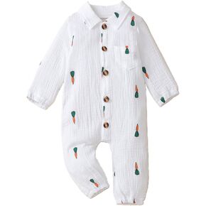 VISGOGO Baby Boy Polo Romper Long Sleeve Solid Bodysuit Cotton Linen Jumpsuit Collared Onesie Infant One-Piece Outfit