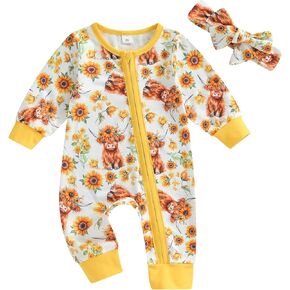 Western Baby Girl Boy Clothes Highland Romper Cow Print Long Sleeve Crew Neck Jumpsuits Fall Infant Bodysuits