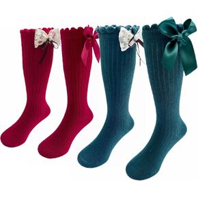 Baby Girls Knee High Socks Infants Toddlers Bow Ruffled Knee Socks Infants Cotton Tube Stockings Dress Socks 4 pairs