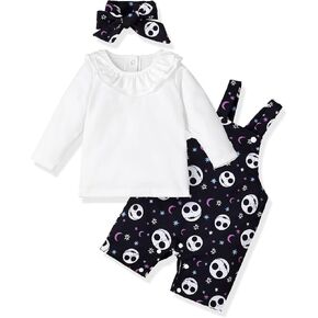 Toddler Baby Girls Halloween Outfits Long Sleeve Ruffle T-Shirt Spooky Suspender Shorts Little Girl Halloween Clothes