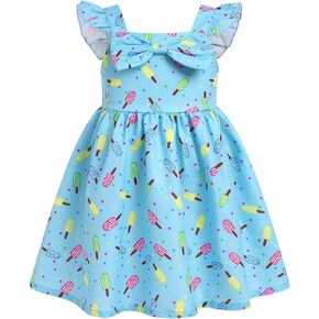 ODASDO Baby Girl Toddler Kids Printed Smocked Princess Bowknot Dress for Wedding Pageant Summer Casual Holiday
