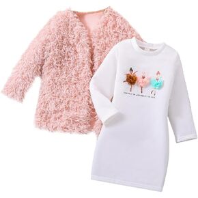 Toddler Shaggy Faux Fur Outwear Little Girls Coat Fleece Jacket Long Sleeve with Long Sleeve Dress Dancer Print Skirt