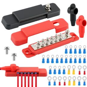 12V 150A Bus Bar Marine 1/4" Power Distribution Block with Cover, 12 Volt DC Battery Busbar Junction with 12 x M4 Screws Terminals for Car Boat Marine (1 Pair, Negative&Positive)