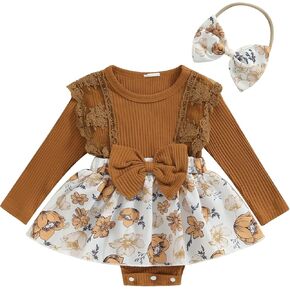 CIYCUIT Baby Girl Fall Winter Outfits Floral Romper Dress Ruffle Long Sleeve Clothes with Bow Headband