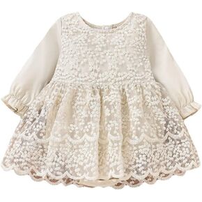 IDOPIP Newborn Baby Girls Lace Romper Dress Toddler Boho Floral Lace Long Sleeve Bodysuit Jumpsuit Baptism Birthday Outfits