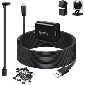 50ft Power Cable for Wyze Cam v4,Wyze Cam Pan v3,Wyze OG,Wyze Cam v3 Pro Security Cameras - 15m Long Flat Extension Micro USB Charging Cord with L-Shaped Short Adapter and 18W Fast Charger, White