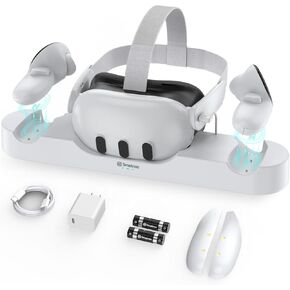 Smatree Charging Station Compatible for Meta Quest 3, with Adapter Fast Charging Controllers and Headset Simultaneously, VR Charging Dock with LED Indicator, with 2 Rechargeable Controller Batteries