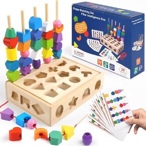 3 in 1 Wooden Color Sorting Stacking Toys, Montessori Toys Geometric Shape Sorter Matching Toys Lacing Beads Sequencing Toy Set Preschool Learning Fine Motor Skills Toys for Toddlers 3 4 5 Years