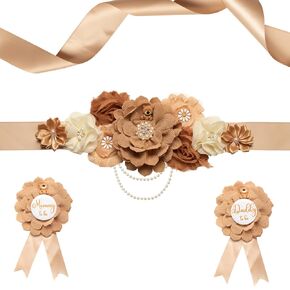 Teddy Bear Maternity Sash Set Daddy and Mommy to be sash Corsage Pin Flowers Baby Shower Souvenir Sash Supplies Gender Reveal Decorations Pregnancy Photography Props（coffeecolor）