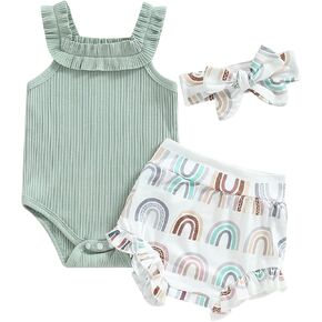 Thorn Tree Newborn Baby Girls Clothes Sleeveless Solid Romper Top & Rainbow Shorts Headband 3Pcs Summer Outfits