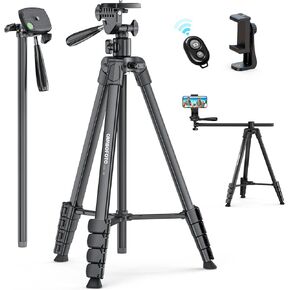 73"-Phone-Tripod-with-Horizontal-Overhead, Selfie Stick/Tall Travel Tripod Stand with Wireless Remote and iPhone Holder, Mirrorless/Compact/GoPro Camera Tripod Compatible iPhone/Smartphone