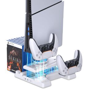 HEATFUN PS5 Slim Charging Station, PS5 Slim Stand with Cooling Station and Controller Charging Station, Base for PS5/PS5 Slim Console Disc/Digital - White