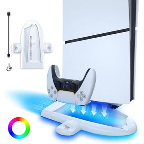 PS5 Slim Charging Station, PS5 Slim Vertical Stand with Controller Charging Station,PS5 Slim Console Cooling Station - White