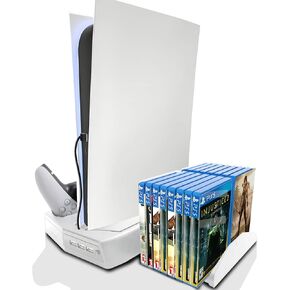 HEATFUN PlayStation 5 Charger, PS5 Stand with Cooling Fan and Controller Charger, Vertical Stand for PS5 Disc & Digital Editions, PS5 Stand with USB Ports and Game Rack - White