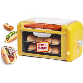 Nostalgia Oscar Mayer Extra Large 8 Hot Dog Roller & Bun Toaster Oven, Stainless Steel Grill Rollers, Non-stick Warming Racks, Perfect for Dogs, Veggie Sausages, Brats, Adjustable Timer, Red