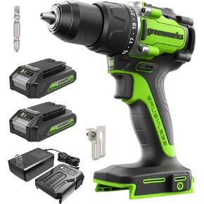 Greenworks 24V Brushless Cordless Compact 1/2 in. Drill/Driver Kit (Keyless Ratcheting Metal Chuck /530 in.-lbs. /21+1 Clutch Position/LED Light), 2×2Ah Battery and Fast Charger Included