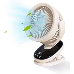 Portable Clip-on Fan Rechargeable, 10 Speeds USB Fan, 2400mAh Battery Operated Desk Fan, Strong Airflow Sturdy Clamp for Golf Cart Office Outdoor Travel Camping Tent Gym Treadmill, cream color