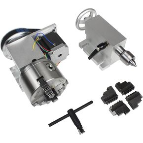 CNC Router Milling Machine Rotary Table Rotational Axis 4th Axis A Axis, K12-100mm 4 jaw Chuck Dividing Head with 65mm Tailstock Reducing ratio 6:1 Fit for CNC Engraving Machine