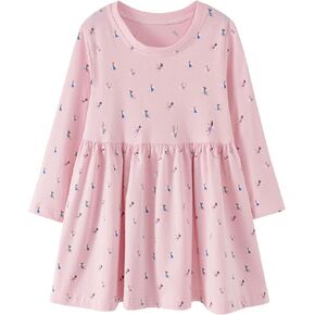 Little Girls Cotton Long Sleeve Casual Dress Toddler Kids Cartoon Floral Print Jersey Dresses 24M-7Yrs