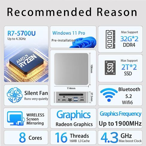 Mini PC AMD Ryzen 7 5700U Up to 4.3GHz 8C/16T, 16GB RAM 500GB SSD Graphics 8core 1900 MHz, Mini Computers Micro Desktop PC Support 4K Triple Display/WiFi6/BT5.2/Gaming Mini Computer/Office/Home in Saudi Arabia
