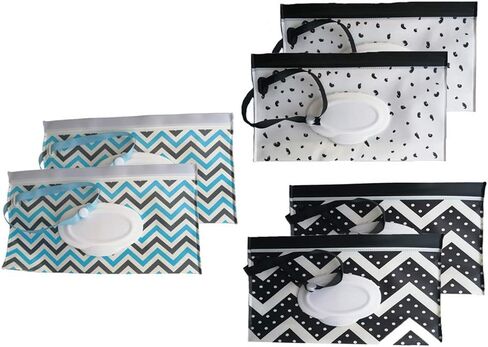 6 Pack Portable Wet Wipe Pouch Dispenser,Reusable & Refillable Portable Baby Lightweight Wipes Holder Case,Handy & Eco Friendly Travel Wipes Bag (Blue & Black & White) in Saudi Arabia