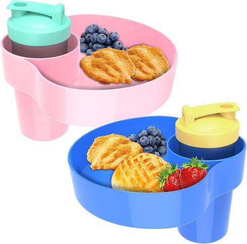 Kids Car Seat Snack Tray: Travel Trays for Kids Car Cup Holder, 2PCS Toddler Road Trip Essential, Travel Snacks Food Plate for Stroller, Boosters, and Anywhere with a Cup Holder -Blue&Pink in Saudi Arabia