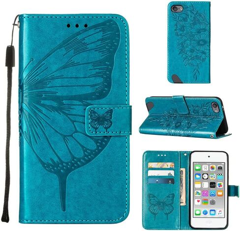 حافظة محفظة iPod Touch 7/ iPod Touch 6/iPod Touch 5، مع حامل بطاقة الائتمان، للنساء والرجال، مع حافظة إغلاق مغناطيسية من جلد البولي يوريثان لجهاز iPod Touch 7 Butterfly Blue YB in Kuwait
