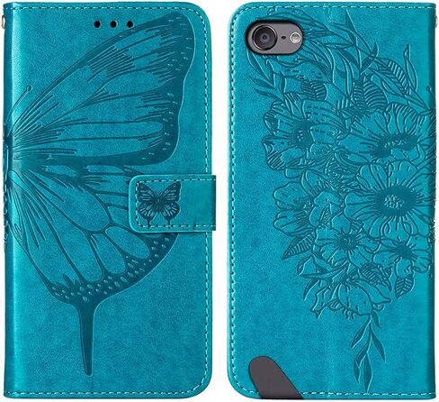 حافظة محفظة iPod Touch 7/ iPod Touch 6/iPod Touch 5، مع حامل بطاقة الائتمان، للنساء والرجال، مع حافظة إغلاق مغناطيسية من جلد البولي يوريثان لجهاز iPod Touch 7 Butterfly Blue YB in Kuwait