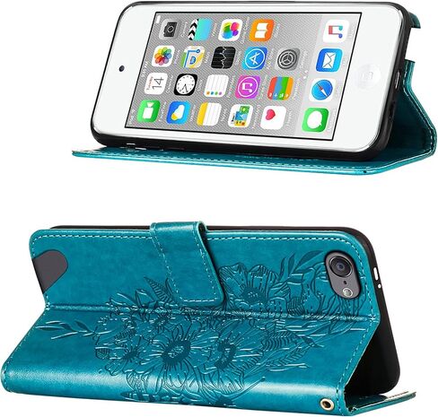 حافظة محفظة iPod Touch 7/ iPod Touch 6/iPod Touch 5، مع حامل بطاقة الائتمان، للنساء والرجال، مع حافظة إغلاق مغناطيسية من جلد البولي يوريثان لجهاز iPod Touch 7 Butterfly Blue YB in Kuwait