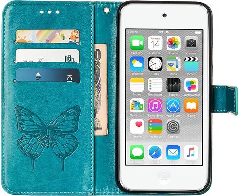 حافظة محفظة iPod Touch 7/ iPod Touch 6/iPod Touch 5، مع حامل بطاقة الائتمان، للنساء والرجال، مع حافظة إغلاق مغناطيسية من جلد البولي يوريثان لجهاز iPod Touch 7 Butterfly Blue YB in Kuwait